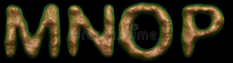 Set of letters M, N, O, P made of realistic 3d render natural gold snake skin texture.