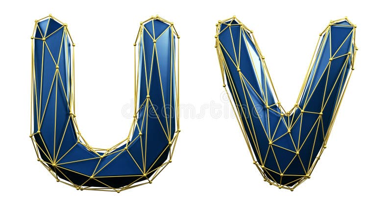 Set of letters U, V made of realistic 3d render blue color. Collection of low polly style alphabet isolated on white