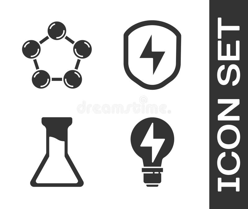 Set Light bulb with lightning, Molecule, Test tube and flask and Secure shield with lightning icon. Vector stock illustration