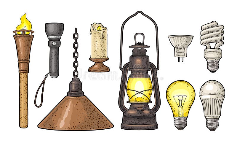 Set Lighting Object. Torch Candle Flashlight Different Types
