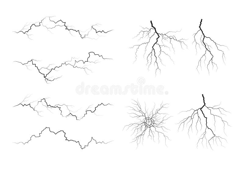 Set of lightning silhouettes. Thunderstorm isolated on white. Vector illustration