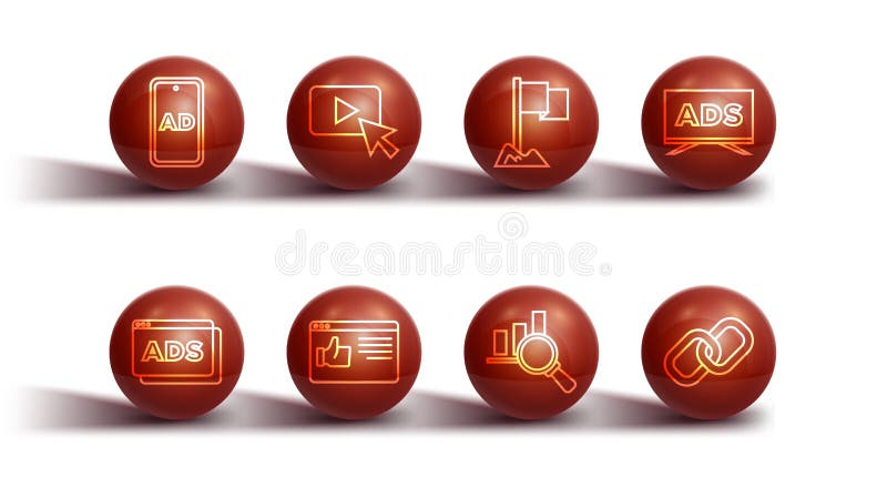 Set line Advertising, Magnifying glass and analysis, Browser window, Chain link and Location marker icon. Vector vector illustration