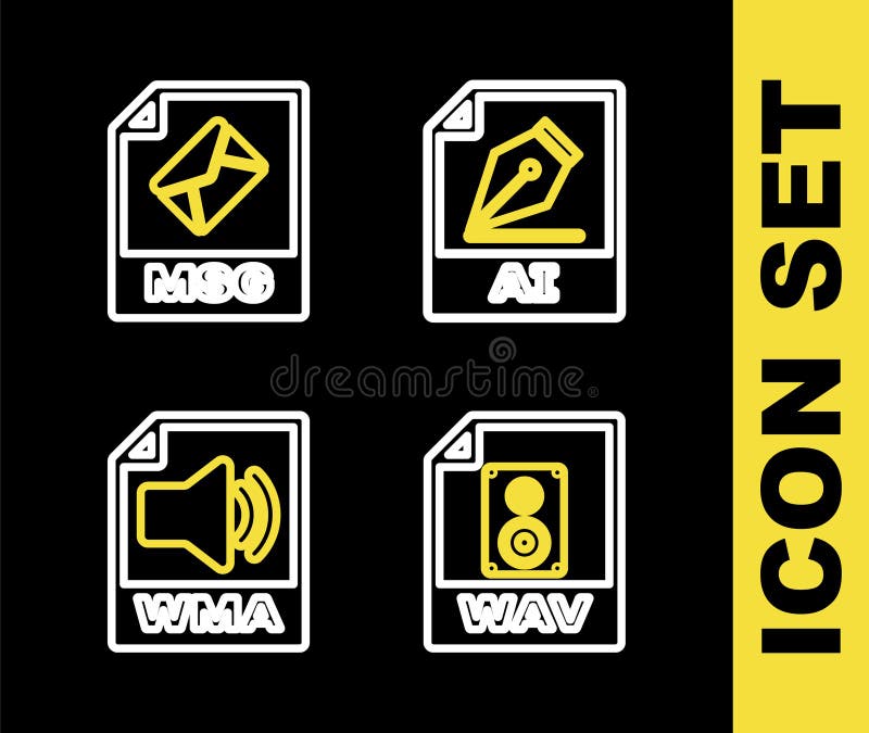 Set line AI file document, WAV, WMA and MSG icon. Vector royalty free illustration