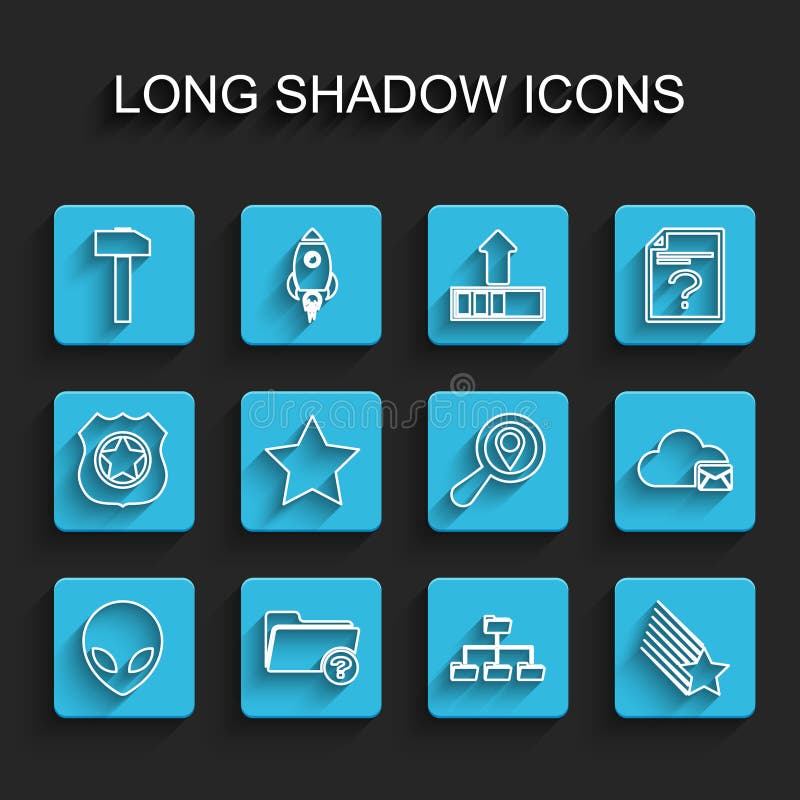 Set line Alien, Unknown directory, Hammer, Folder tree, Falling star, Star, Cloud mail server and Search location icon vector illustration
