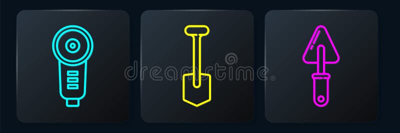 Set line Angle grinder, Trowel and Shovel. Black square button. Vector stock illustration