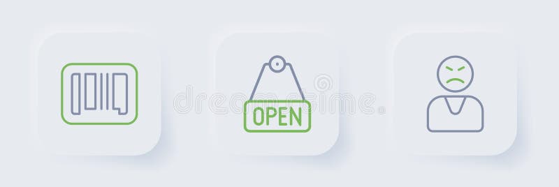 Set line angry customer hanging sign with text open and barcode icon vector ilustracji