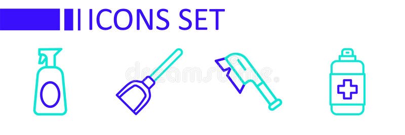 Set line Antibacterial soap, Brush for cleaning, Dustpan and Cleaning spray with detergent icon. Vector vector illustration