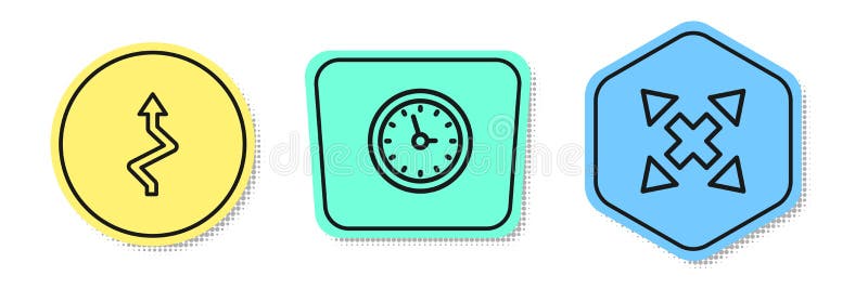 Set line Arrow, Clock and Many ways directional arrow. Colored shapes. Vector vector illustration