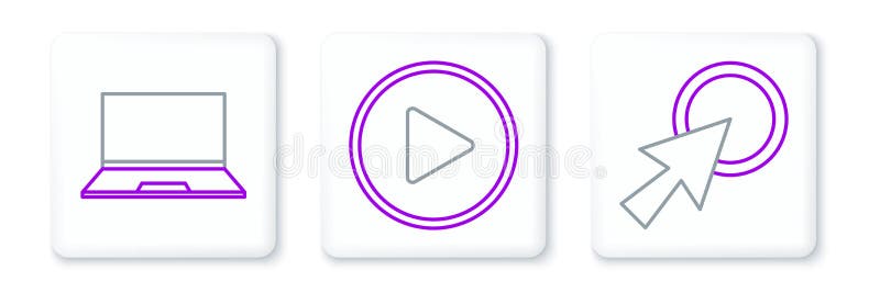 Set line Arrow cursor, Laptop and Play in circle icon. Vector vector illustration