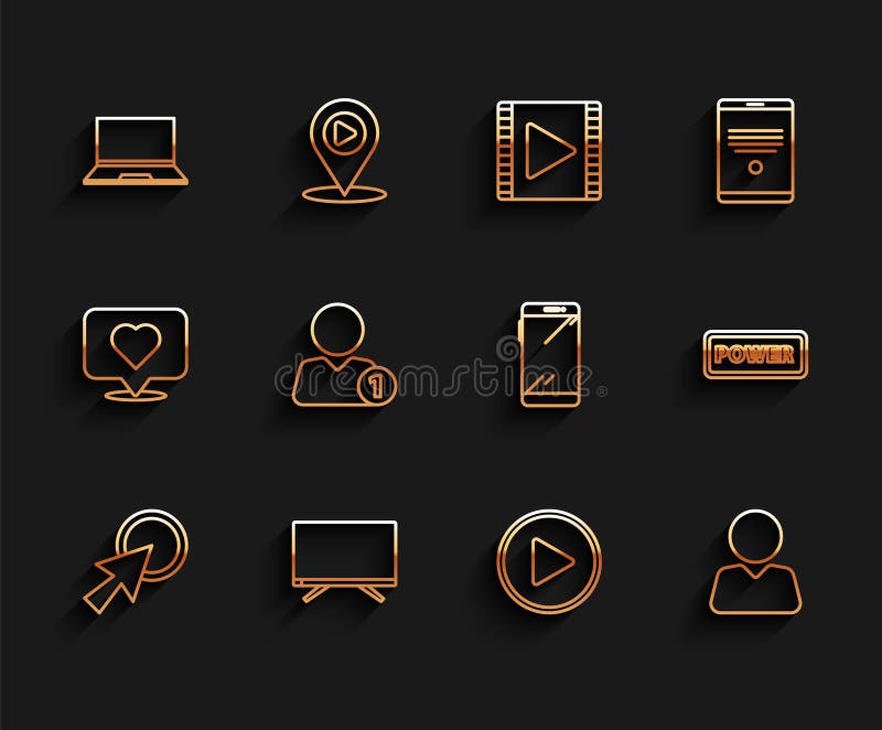 Set line Arrow cursor, Smart Tv, Laptop, Play in circle, Add friend, Power button and Smartphone, mobile phone icon vector illustration