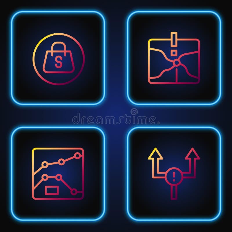 Set line Arrow, Graph, chart, diagram, Shopping bag with Sale and Intersection point. Gradient color icons. Vector.