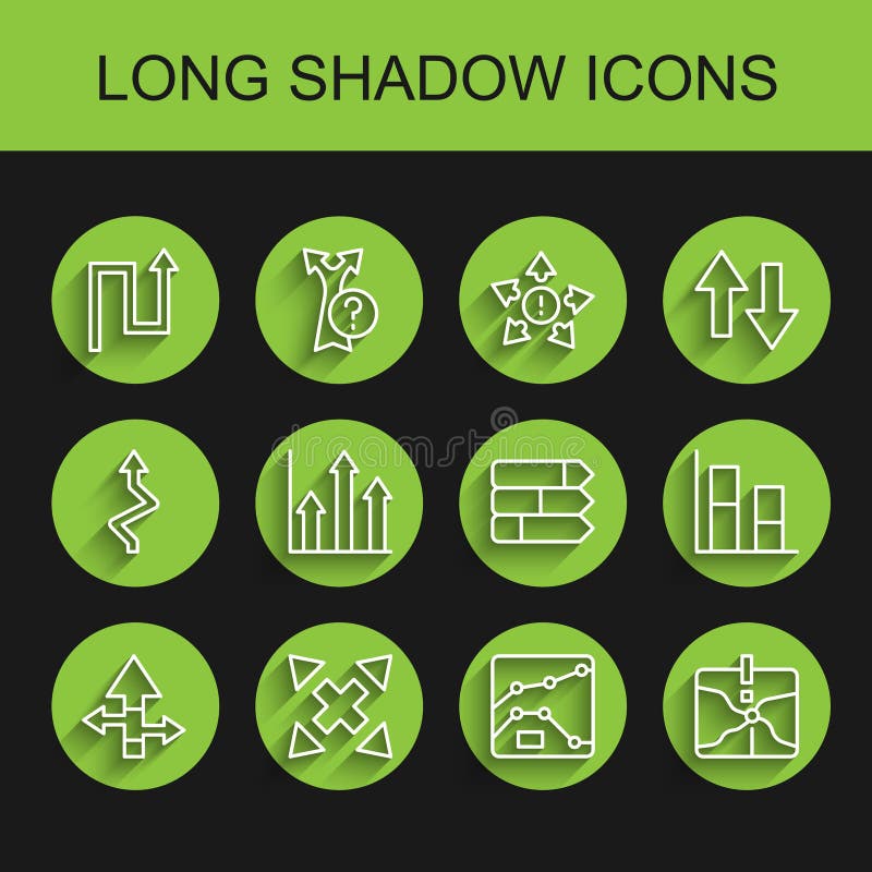 Set line Arrow, Many ways directional arrow, Graph, chart, diagram, Intersection point, Pie infographic, and icon vector illustration