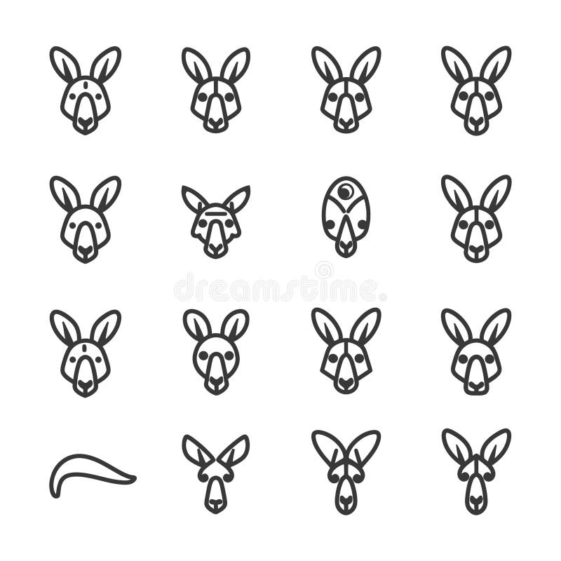 Collection of Sixteen Linear Style Kangaroo Head Icons royalty free illustration