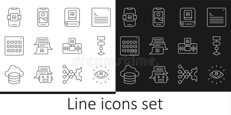 Set line Artificial intelligence AI, Algorithm, Chat bot, Binary code, and Mobile phone icon. Vector stock illustration