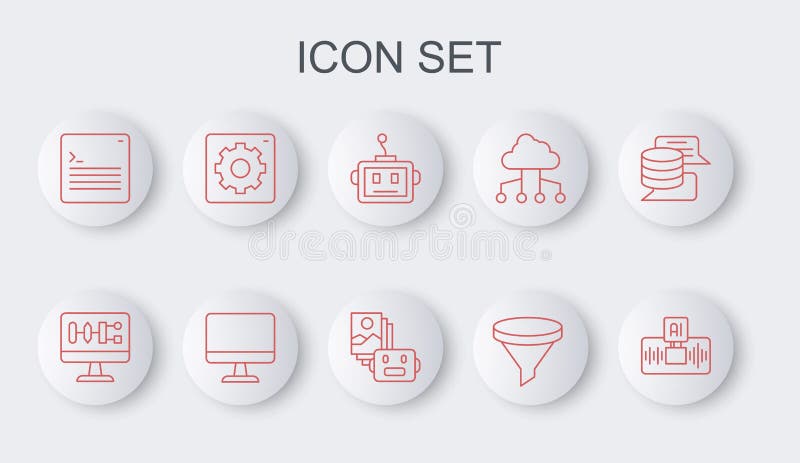 Set line Artificial intelligence AI, Algorithm, robot, Funnel filter, Web developer programming code, Computer api royalty free illustration