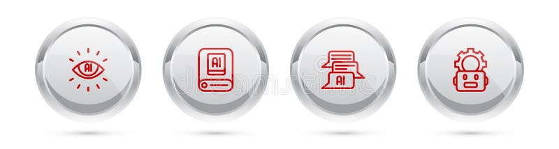 Set line Artificial intelligence AI, Chat bot and Robot setting. Silver circle button. Vector vector illustration