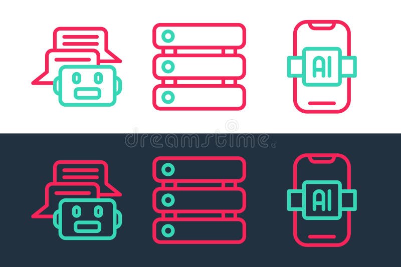 Set line Artificial intelligence AI, Chat bot and Server, Data icon. Vector stock illustration