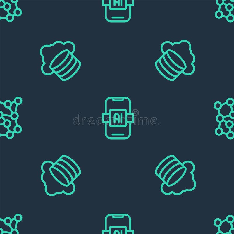 Set line Artificial intelligence AI, Cloud database and Neural network on seamless pattern. Vector stock illustration