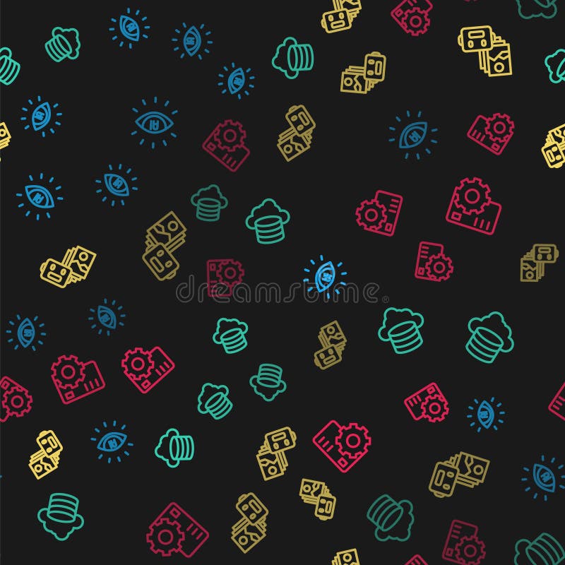 Set line Artificial intelligence AI, Cloud database, robot and Neural network on seamless pattern. Vector vector illustration
