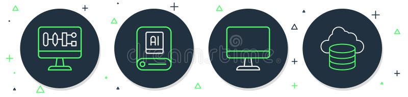 Set line Artificial intelligence AI, Computer monitor, Algorithm and Cloud database icon. Vector vector illustration