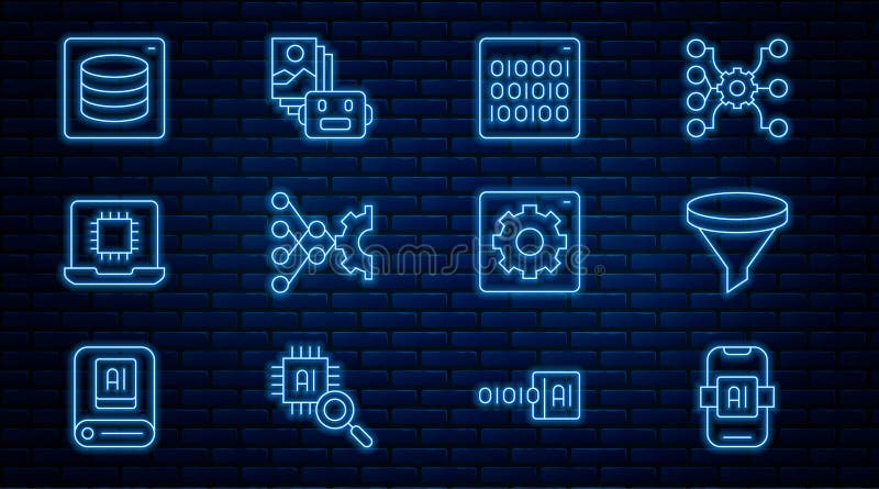 Set line Artificial intelligence AI, Funnel or filter, Binary code, Neural network, Processor CPU, Server, Data stock illustration