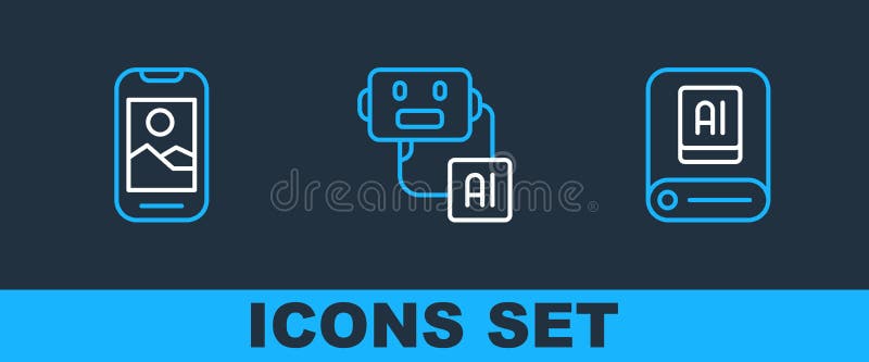 Set line Artificial intelligence AI, Mobile phone and robot icon. Vector stock illustration