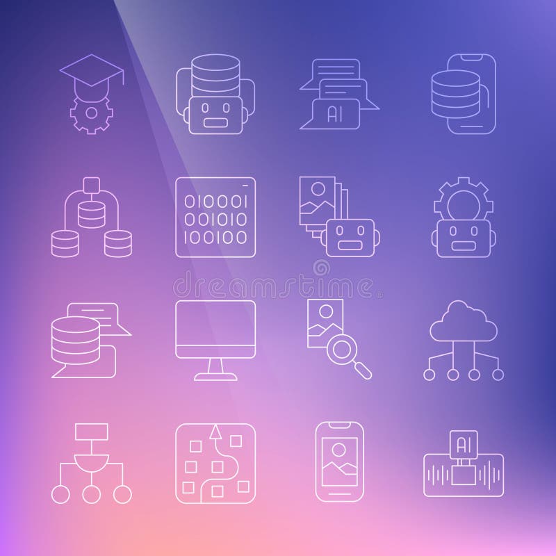 Set line Artificial intelligence AI, Network cloud connection, Robot setting, Chat, Binary code, Server, Data vector illustration
