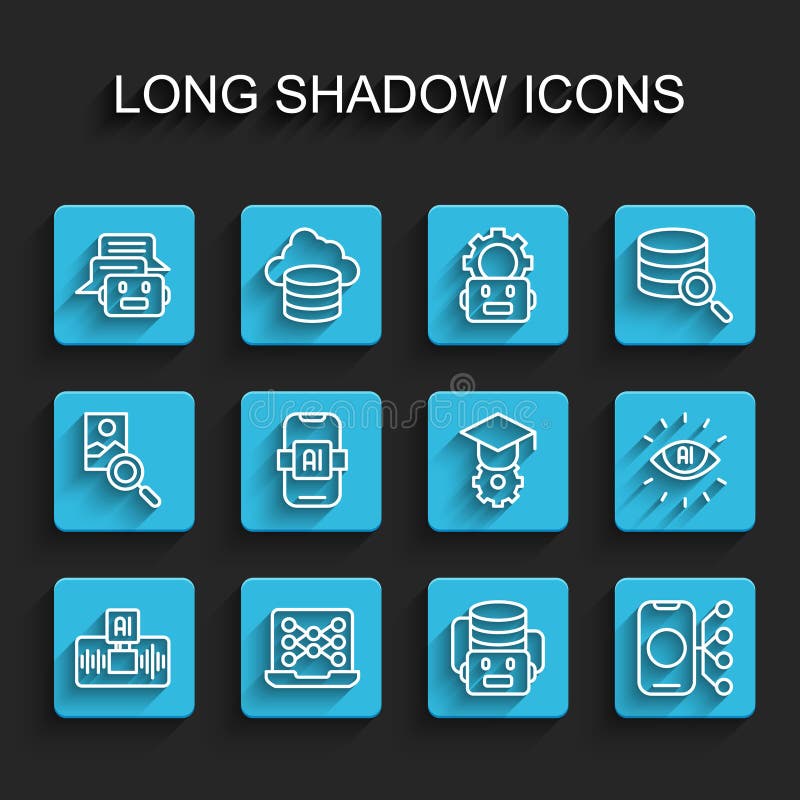 Set line Artificial intelligence AI, Neural network, Chat bot, robot, and Graduation cap icon. Vector vector illustration
