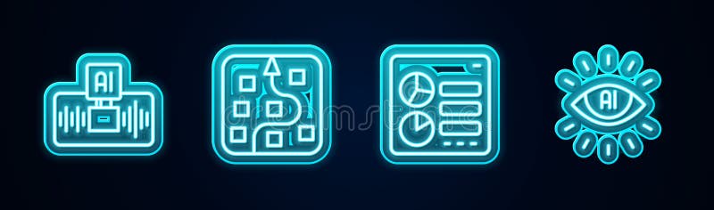 Set line Artificial intelligence AI, Neural network, Computer api interface and. Glowing neon icon. Vector vector illustration