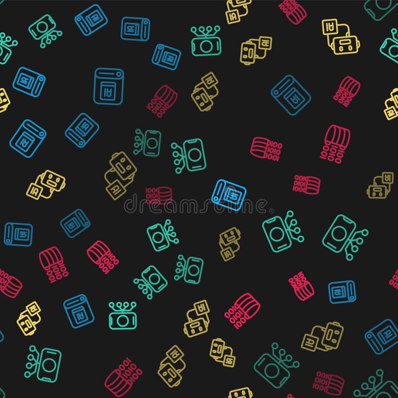 Set line Artificial intelligence AI, Neural network, robot and Binary code on seamless pattern. Vector