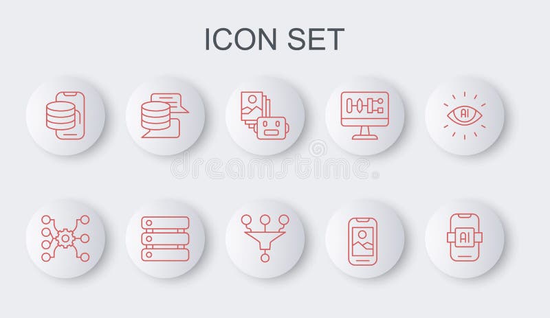 Set line Artificial intelligence AI, Neural network, robot, Mobile phone, Cloud technology data transfer, Server, Data stock illustration