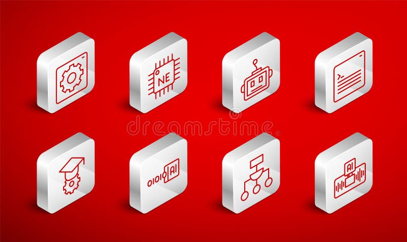 Set line Artificial intelligence AI, Processor CPU, robot, Web developer programming code, Algorithm, Computer api royalty free illustration