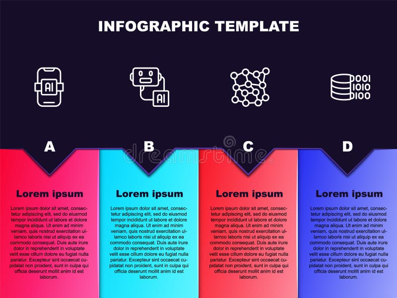 Set line Artificial intelligence AI, robot, Neural network and Binary code. Business infographic template. Vector vector illustration
