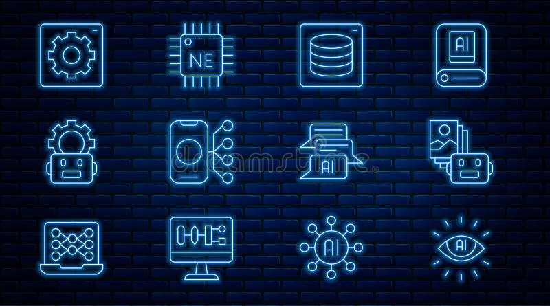 Set line Artificial intelligence AI, robot, Server, Data, Neural network, Robot setting, Computer api interface, Chat stock illustration
