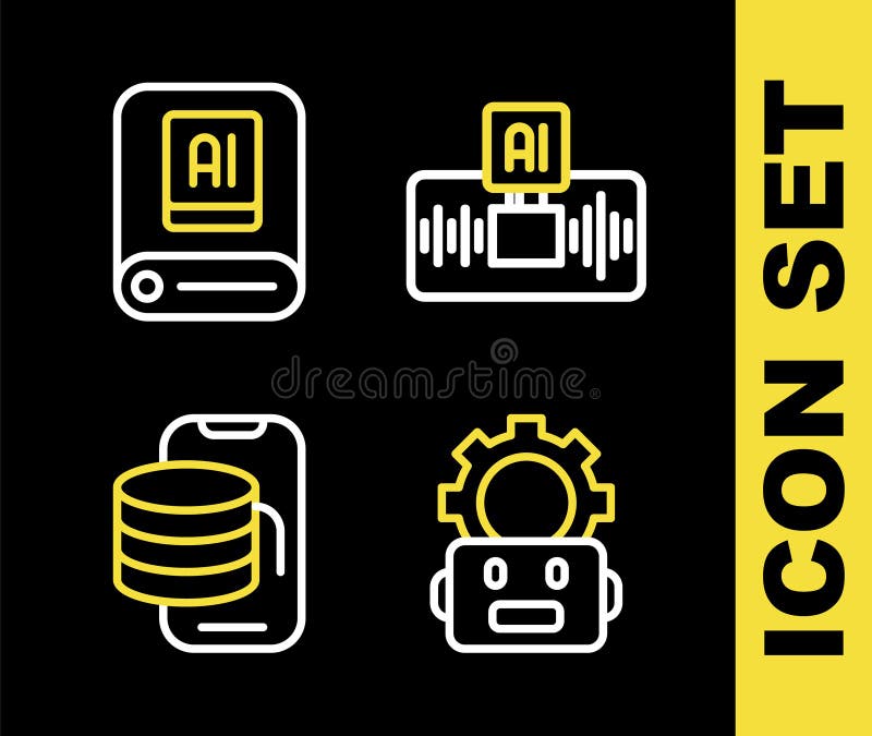 Set line Artificial intelligence AI, Robot setting, Cloud technology data transfer and icon. Vector stock illustration