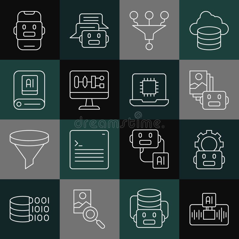 Set line Artificial intelligence AI, Robot setting, robot, Funnel or filter, Algorithm, Chat and Processor CPU icon royalty free illustration
