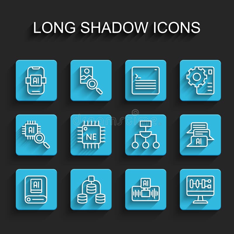 Set line Artificial intelligence AI, Server, Data, Algorithm, Processor CPU, Chat bot and icon. Vector stock illustration