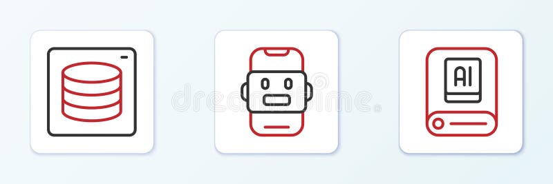Set line Artificial intelligence AI, Server, Data and Chat bot icon. Vector vector illustration