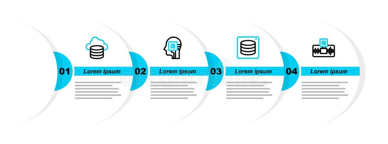 Set line Artificial intelligence AI, Server, Data, Humanoid robot and Cloud database icon. Vector royalty free illustration
