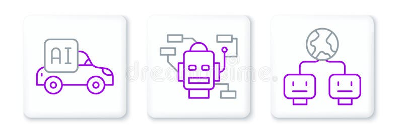 Set line Artificial intelligence, Autonomous smart car and Robot icon. Vector stock illustration