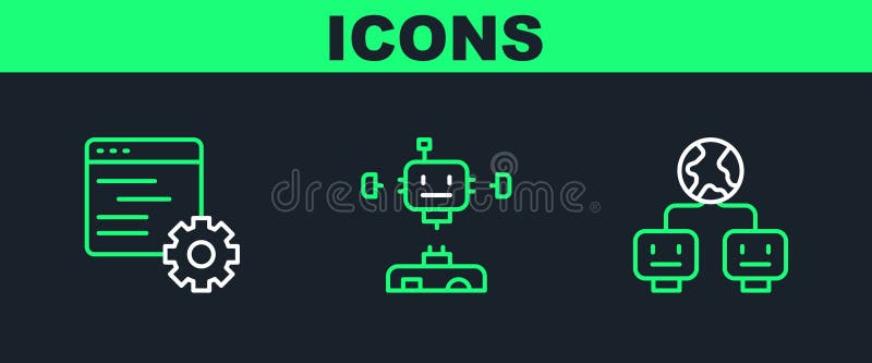 Set line Artificial intelligence, Computer api interface and Disassembled robot icon. Vector vector illustration