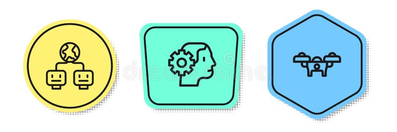Set line Artificial intelligence, Humanoid robot and Drone. Colored shapes. Vector royalty free illustration