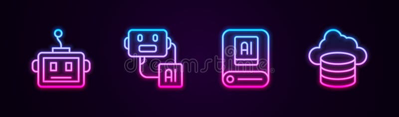 Set line Artificial intelligence robot, AI and Cloud database. Glowing neon icon. Vector vector illustration