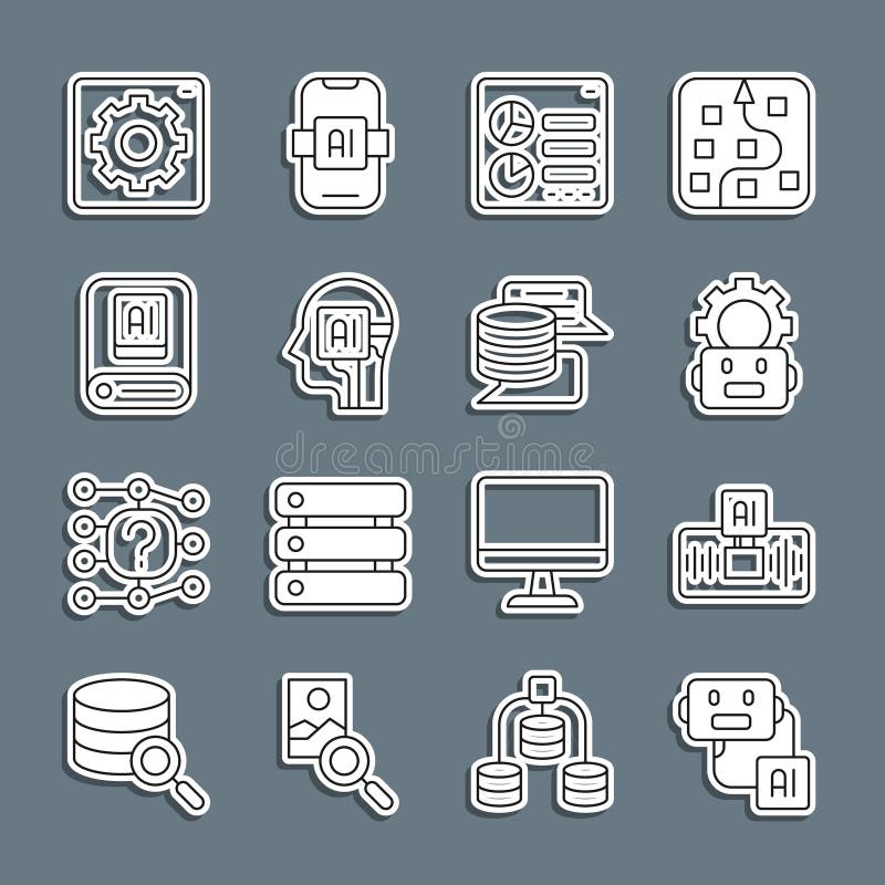 Set line Artificial intelligence robot, AI, Robot setting, Computer api interface, Humanoid, and Server, Data icon royalty free illustration