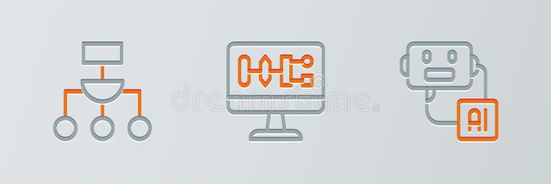 Set line Artificial intelligence robot, Algorithm and icon. Vector stock illustration