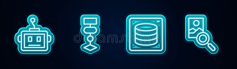 Set line Artificial intelligence robot, Algorithm, Server, Data and Photo retouching. Glowing neon icon. Vector vector illustration