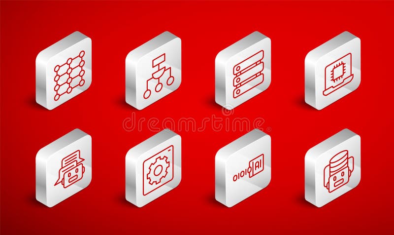 Set line Artificial intelligence robot, Algorithm, Server, Data, Processor CPU, Binary code, Neural network, Computer vector illustration