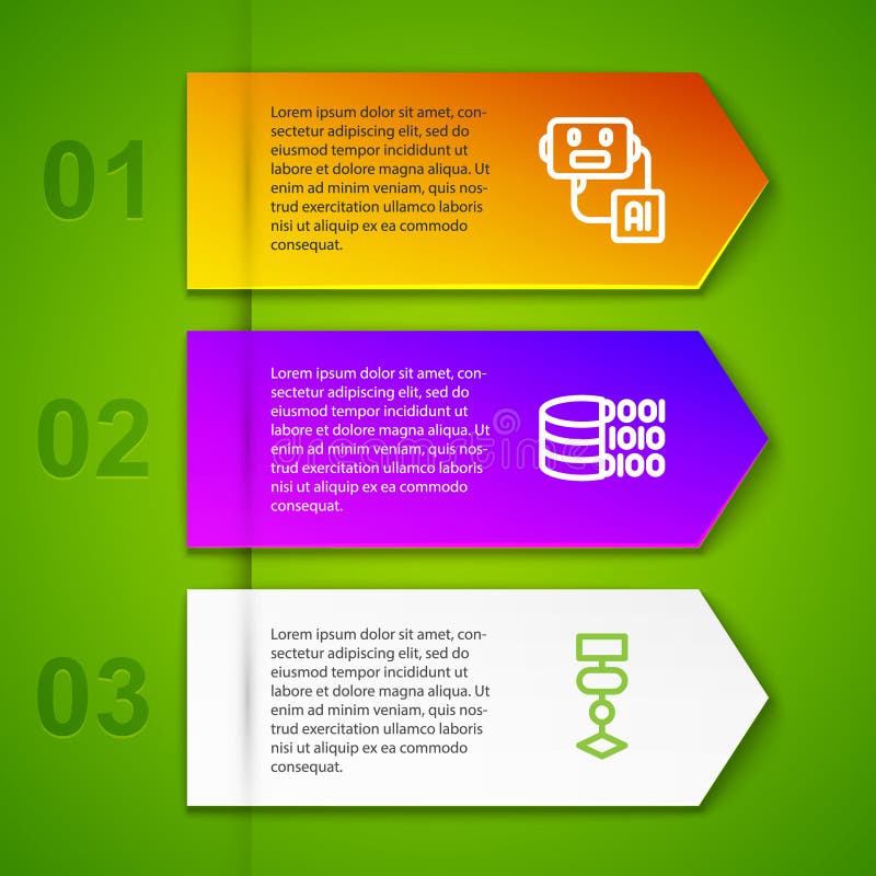 Set line Artificial intelligence robot, Binary code and Algorithm. Business infographic template. Vector royalty free illustration
