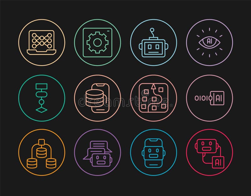 Set line Artificial intelligence robot, Binary code, Cloud technology data transfer, Algorithm, Neural network, and royalty free illustration