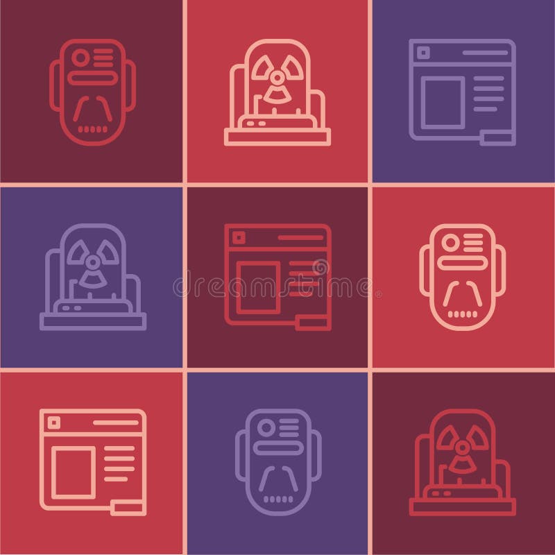 Set line Artificial intelligence robot, Browser window and Radioactive warning lamp icon. Vector vector illustration